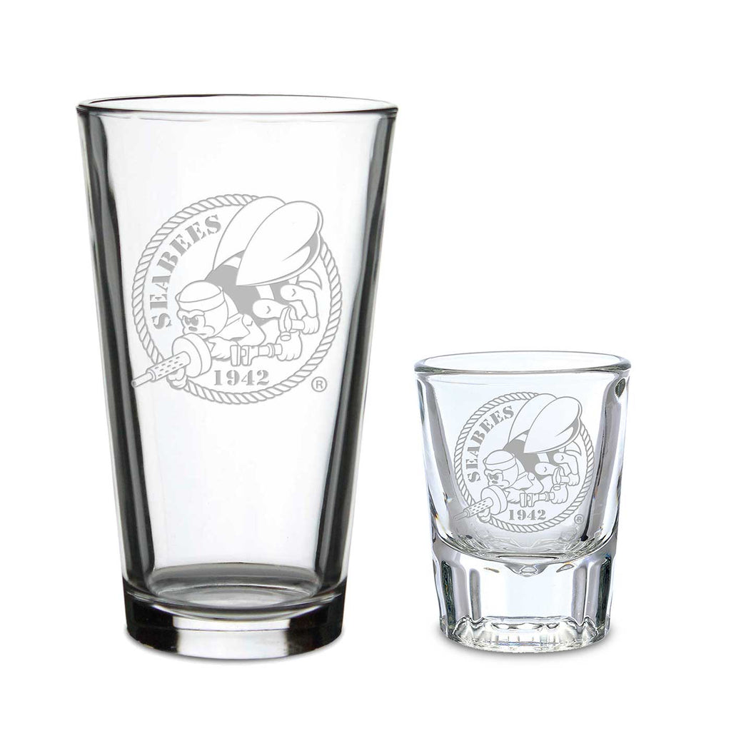 Seabees Set of 16oz Pint Glass w/ 2oz Classic Shot Glass*