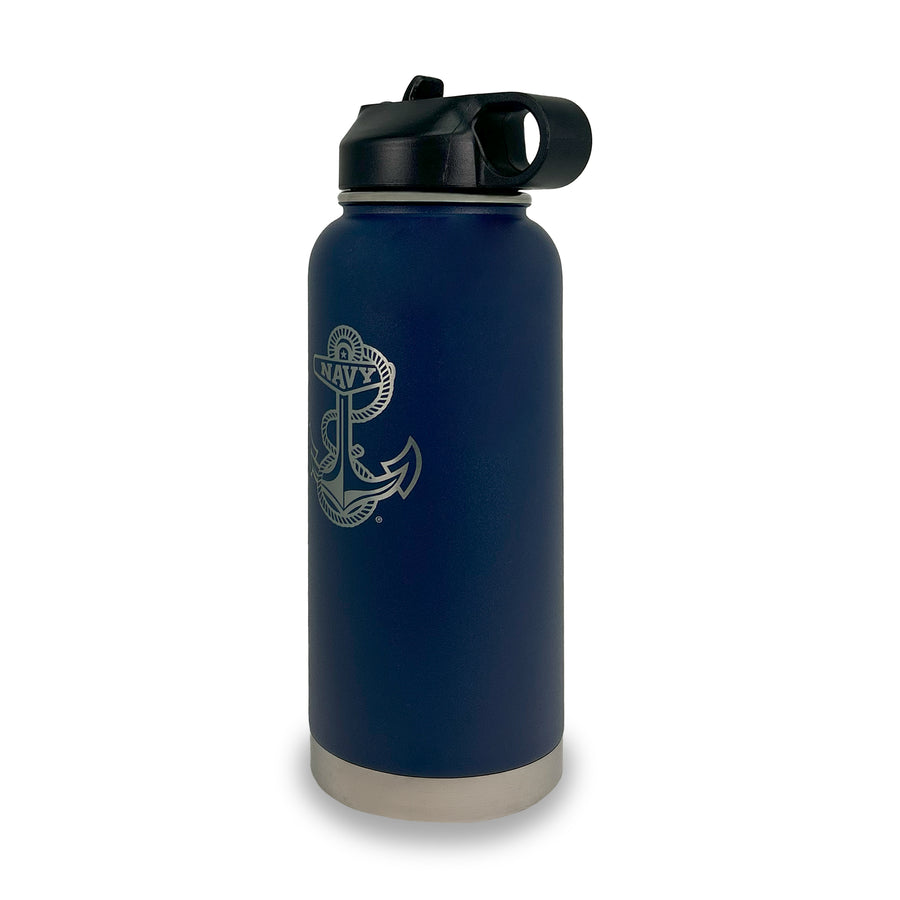 Navy Anchor Stainless Steel Laser Etched 32oz Water Bottle (Navy)