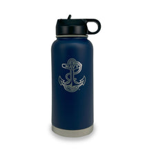 Load image into Gallery viewer, Navy Anchor Stainless Steel Laser Etched 32oz Water Bottle (Navy)