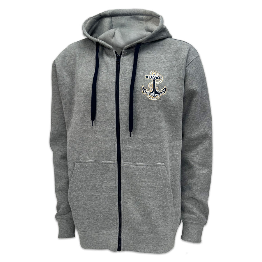 Navy Anchor Tackle Twill Embroidered Fleece Full Zip Hood (Grey)