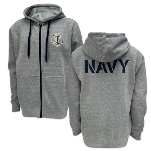 Navy Anchor Tackle Twill Embroidered Fleece Full Zip Hood (Grey)