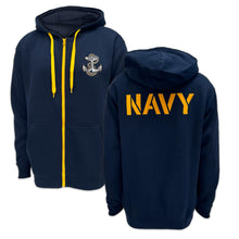 Load image into Gallery viewer, Navy Anchor Tackle Twill Embroidered Fleece Full Zip Hood (Navy)