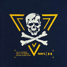 Load image into Gallery viewer, Navy Youth Under Armour 2024 Rivalry Jolly Rogers Fear the Bones Triangle T-Shirt (Navy)