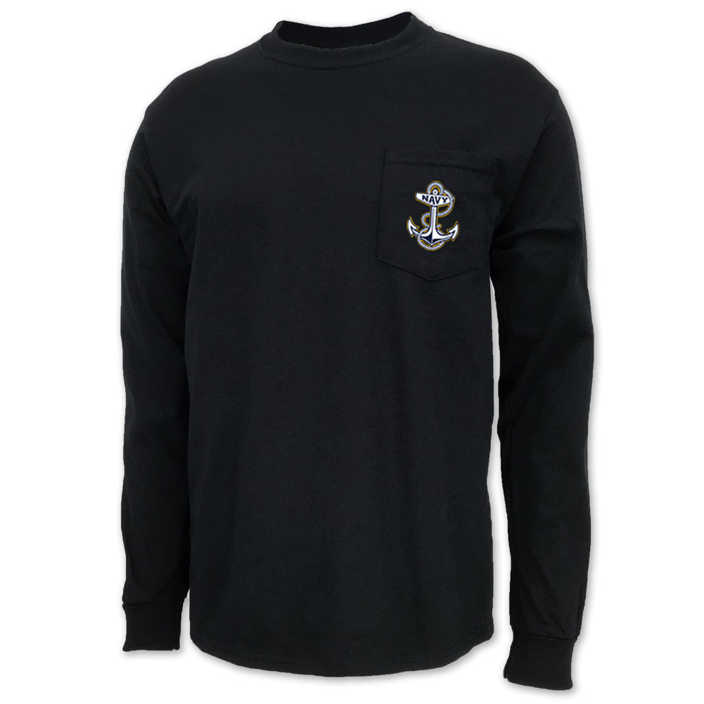 Navy Anchor Logo Pocket Long Sleeve T-Shirt